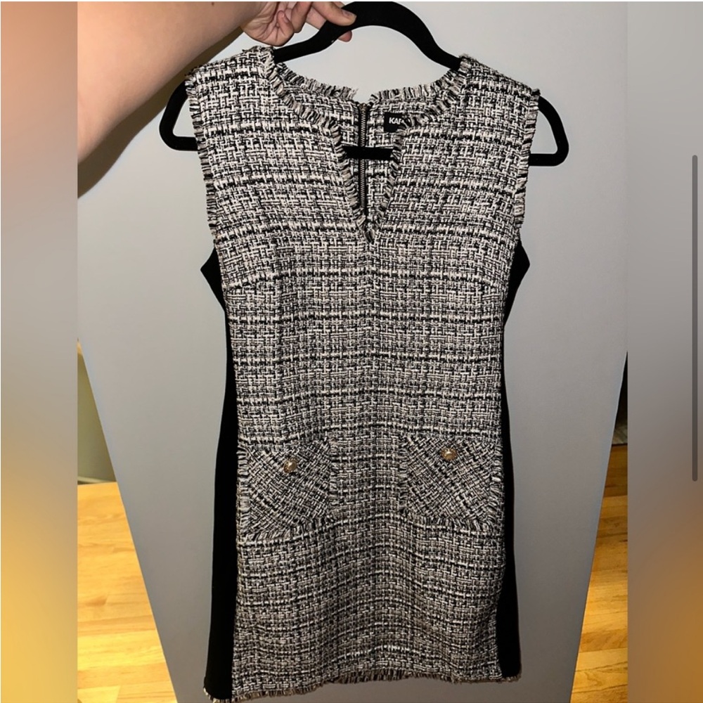 Karl Lagerfeld Paris, white gold, and black tweed dress. beautiful pearl bottons